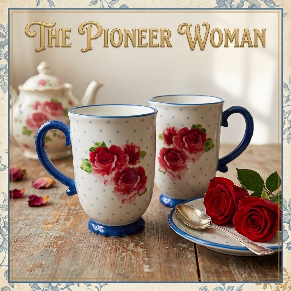 Pioneer Woman Heritage Floral Footed Mugs Set of 2 Blue Polka Dot Red Rose 5.5in